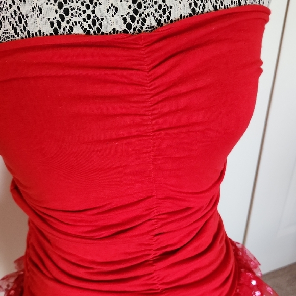 Red Strapless Dress with Tulle Skirt - Picture 2 of 5